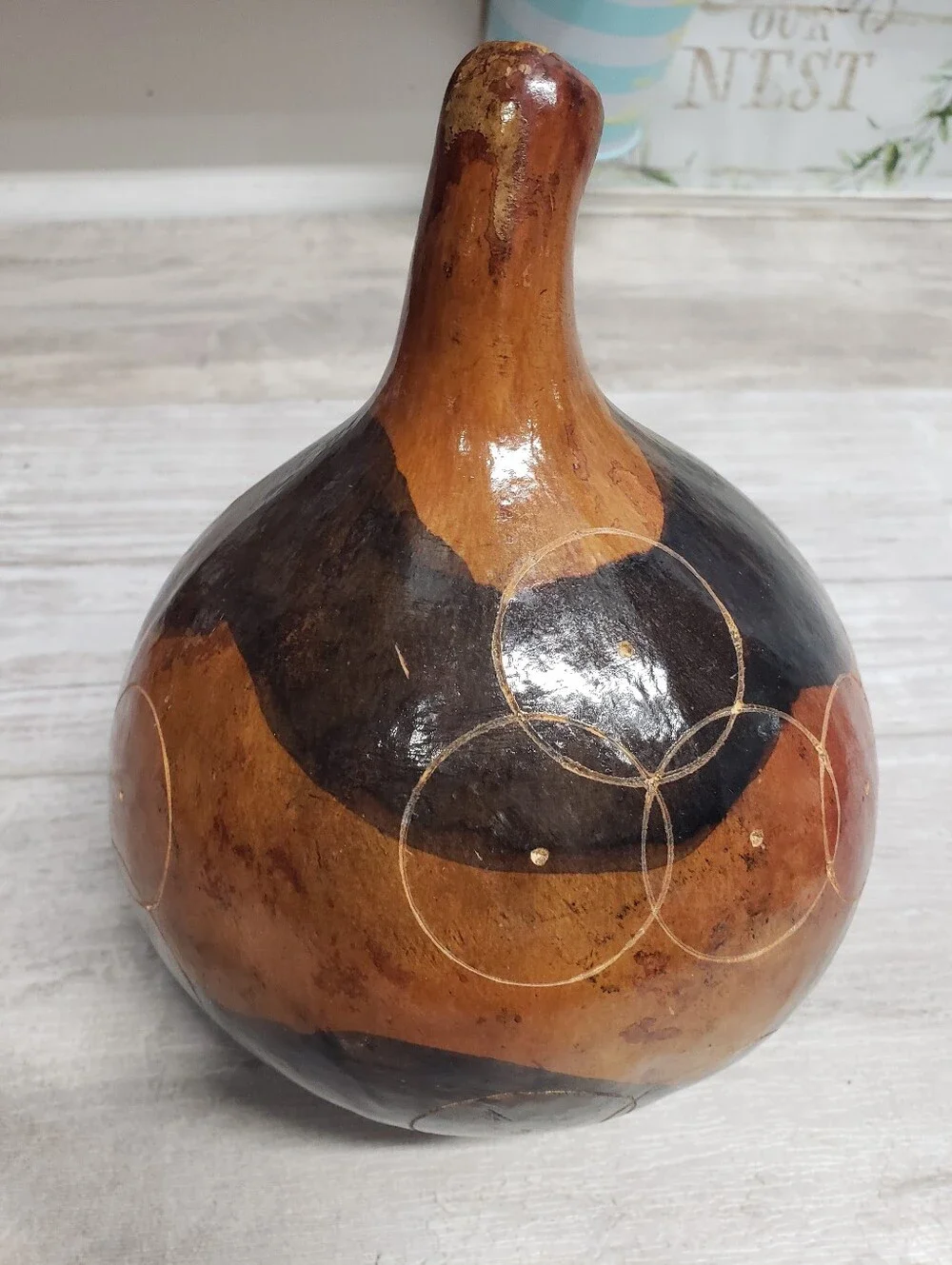 Vintage Hand-Carved Bottle Gourd Etched Tribal Design Home Decor Farmhouse Boho